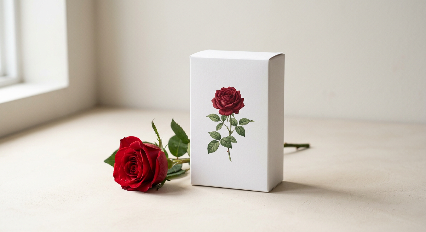 A box of Double Red Rose beside a single red rose