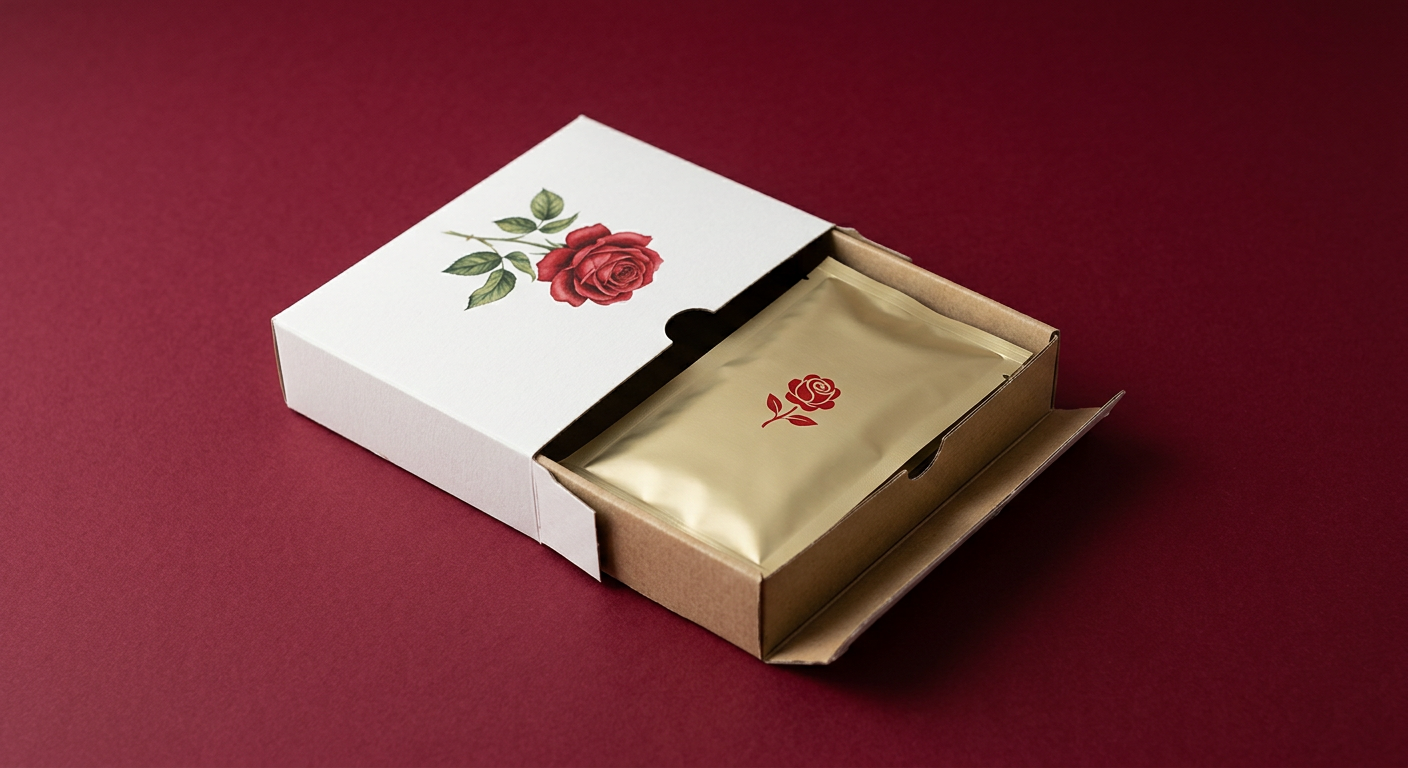 An opened Double Red Rose box showing the sealed pack inside