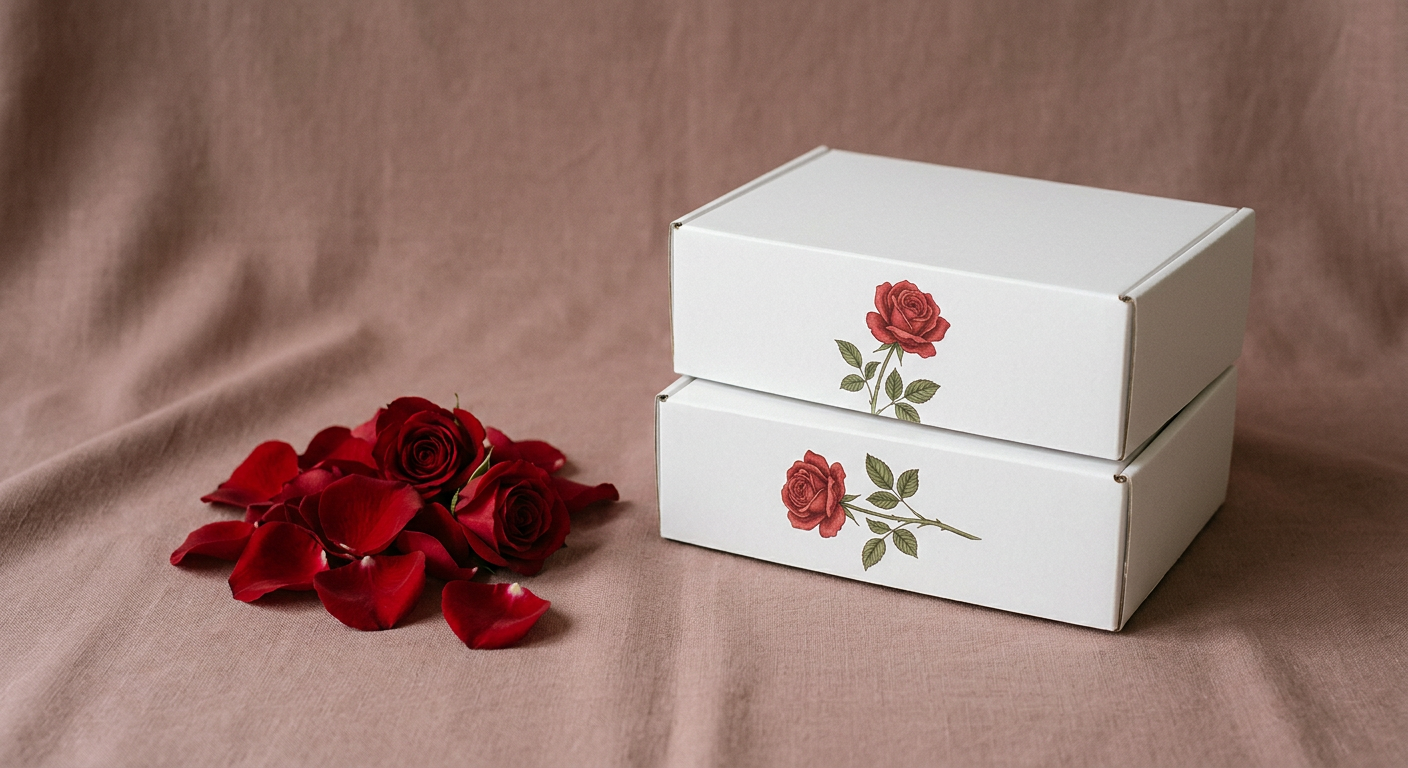 Two boxes of Double Red Rose beside rose petals